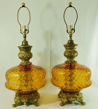 Pair Antique/Vtg MCM Mid Century Modern Amber Glass 3 - Way Lite Globe Table Lamps 3