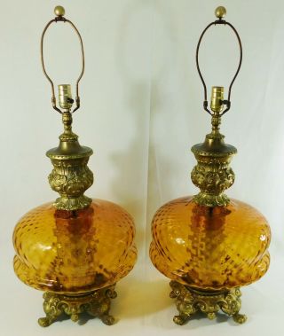 Pair Antique/Vtg MCM Mid Century Modern Amber Glass 3 - Way Lite Globe Table Lamps 5