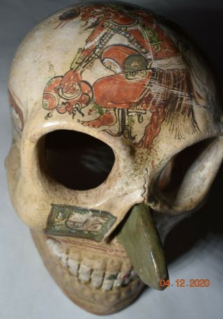 Pre Columbian Mayan Skull,  Jaw Glyphs 6 " Prov