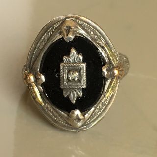 Antique Art Deco Sterling 1920s Gold Filigree Black Onyx & Diamond Ring Size 6