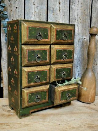 Antique Primitive Wooden Spice Cabinet Green Painted 8 Drawer Aafa