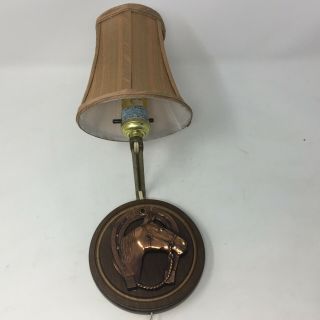 Vintage Wood & Bronze Horse Shoe Horse Head Electric Wall Sconce With Shade
