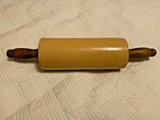 Vtg Antique Yellow Ware Pottery Rolling Pin Stoneware Wooden Handle