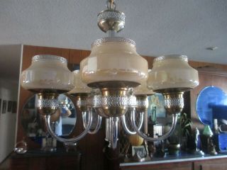 Vintage Antique Mid Century Art Deco Slip Shade Chandelier Lamp 5 Light Fixture