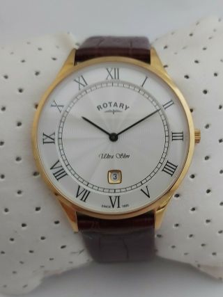 Rotary Mens Ultra Slim Watch Gs08303/01 Gold Stainless Steel Leather