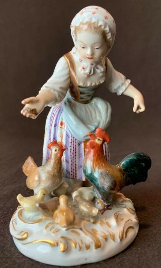 Meissen Girl Feeding Chicken Rooster Figurine Crossed Swords Antique 4 1/2 " H