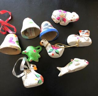 9 Vintage Miniature Clay,  Made In Mexico Folk Art Christmas Ornaments