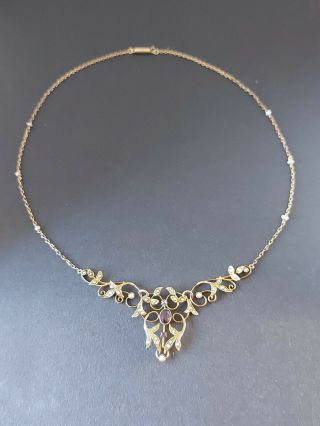 Circa 1900 Antique 9kt Yellow Gold,  Amethyst And Seed Pearl Necklace