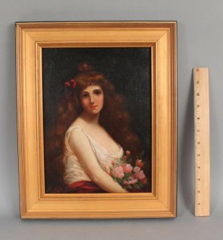 19thc Antique Angelo Asti French Portrait Oil Painting,  Woman W/ Flowers Nr