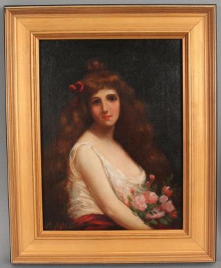 19thC Antique ANGELO ASTI French Portrait Oil Painting,  Woman w/ Flowers NR 2
