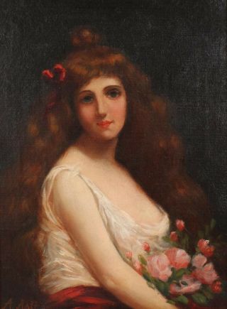 19thC Antique ANGELO ASTI French Portrait Oil Painting,  Woman w/ Flowers NR 3
