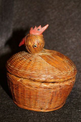 Vintage Antique Hen Chicken In A Basket Woven Wicker