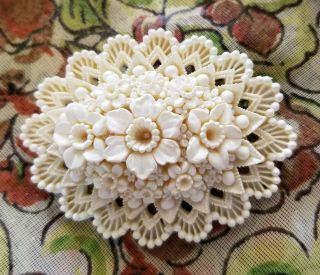 Fabulous Vintage 1940 White Carved Celluloid Floral Pin Brooch 2 1/8 "