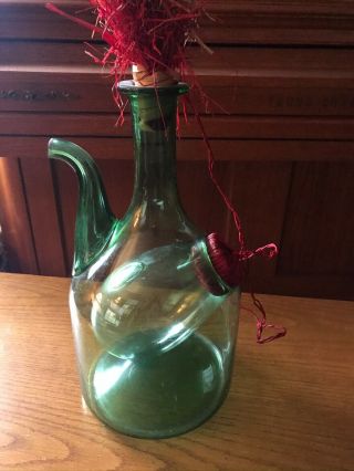 Vintage Hand Blown Green Glass Wine Decanter With Ice Chamber