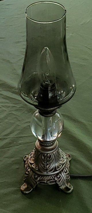 Vintage Faux Brass Footed Table Lamp Ornate Glass Ball Center Smoked Glass Top