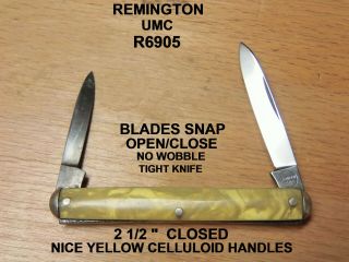 Vintage 2 Blade Remington Umc R6905 2 1/2 " Pocket Knife Yellow Celluloid