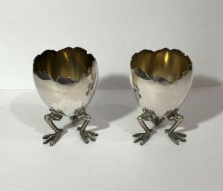 2 Antique 19thc Gorham Sterling Silver Egg Cups W/ Chicken Legs Feet Footed Pair