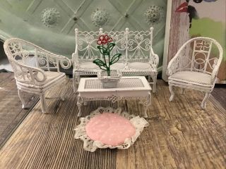 Doll House Furniture White Wire Wrought Garden/ Patio 5 Piece Set Chairs Table