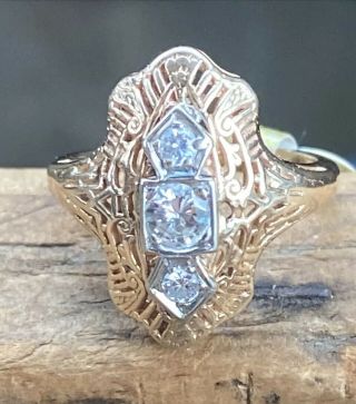Ar Antique Victorian 14k Yellow White Gold Artdeco Vintage Diamond Ring Filigree