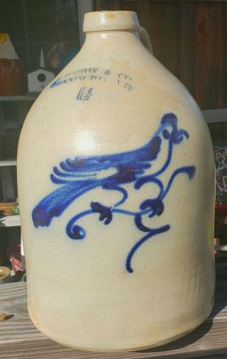 Antique 1 1/2 Gal J Norton & Co Bennington Vt Bird Design Stoneware Pottery Jug
