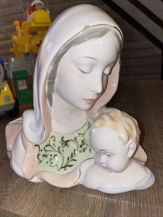 Vintage Virgin Mary Madonna Holding Baby Jesus Porcelain Figurine Bust Italy