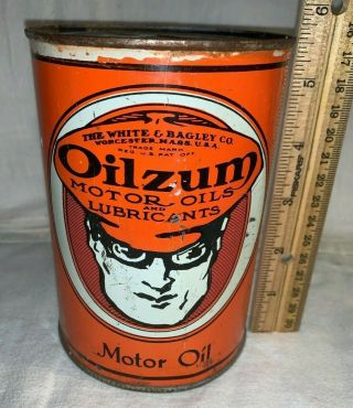 Antique Oilzum Motor Oil Tin Litho 1qt Can Worcester Ma Gas Service Station No2