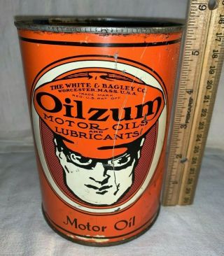 Antique Oilzum Motor Oil Tin Litho 1qt Can Worcester Ma Gas Service Station No1