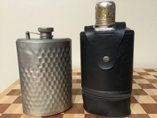2 Vintage Flasks Pewter & Glass W/leather Case,  Shot Glass