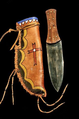 Native American Authentic Antique Parfleche Buffalo Hide Sheath; 1920 And Knife