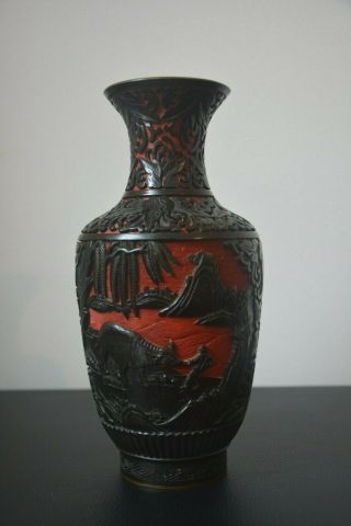 Antique Chinese Red And Black Cinnabar Lacquer Vase Cultural Revolution