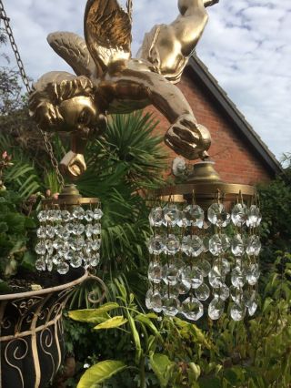 Restored French Antique Gold Cherub Chandelier Double Hanging Pendant Light