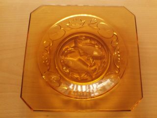 Vintage Art Deco Bagley Amber Glass Square Plate/dish Fish & Water Lily Design.