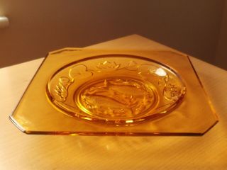 Vintage Art Deco Bagley Amber Glass Square Plate/Dish Fish & Water Lily Design. 2