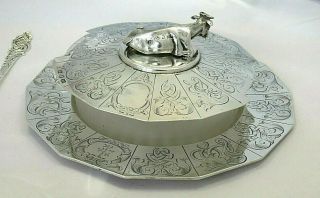 . Solid Silver Butter Dish & Knife With Cow Finial.  Wilkinson,  1843.  Xmas Gift