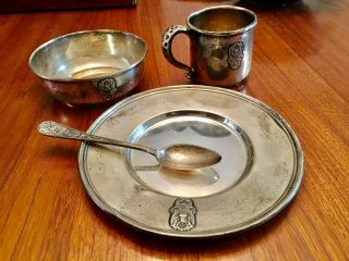 Vintage Sterling Silver Baby Cup,  Bowl,  Spoon & Saucer With Pro Patria Crest