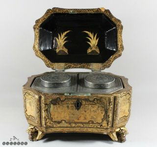 Antique Chinese Export Gold Lacquer Tea Caddy C.  1860