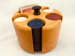 Vintage Drueke Poker Chip Set - Round Wood Holder Red,  White,  Blue Wooden Chips