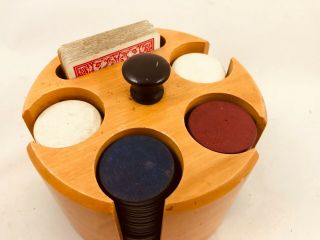 Vintage Drueke Poker Chip Set - Round Wood Holder Red,  White,  Blue Wooden Chips 2