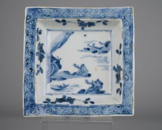 B&w Chinese Porcelain Square Dish With River Scene,  Probably Ming (tianqi) 1620s
