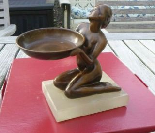 Antique Bronze Statue Nude Woman Art Deco Sculpture Bowl Incense Dish Unknown