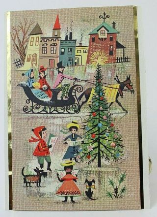 Horse & Sleigh Christmas Tree Scene Vintage Card Front Only 7 3/8 " X 5 1/4 "