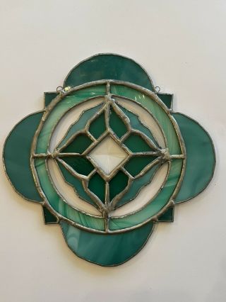 Vintage Stained Glass Suncatcher 6.  5” X 6.  5” Green Quatrefoil Artisan Handmade