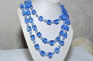 Glorious Long Vintage Long Necklace Of Blue Glass Cube Beads