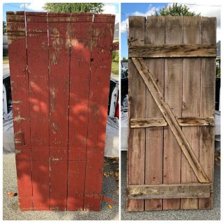Antique Wood Barn Door C1920/30 England Red Paint 87”x39” W/ Orig Hardware