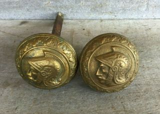 Matched Antique Victorian Brass Door Knobs With Soldier Head