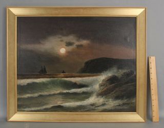 Antique 19thc Of Baker American Moonlit Nocturnal Seascape Maritime Oil Painting