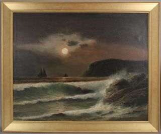 Antique 19thC OF Baker American Moonlit Nocturnal Seascape Maritime Oil Painting 2