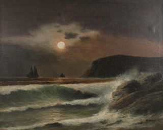 Antique 19thC OF Baker American Moonlit Nocturnal Seascape Maritime Oil Painting 3