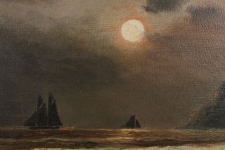 Antique 19thC OF Baker American Moonlit Nocturnal Seascape Maritime Oil Painting 4