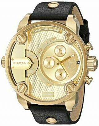Diesel Little Daddy Dz7363 Black Leather Band With Gold Tone Body Men 